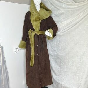Spasso Sz 44 US 12-14 Italian Full Length 100% Lamb Shearling Coat Brown Green